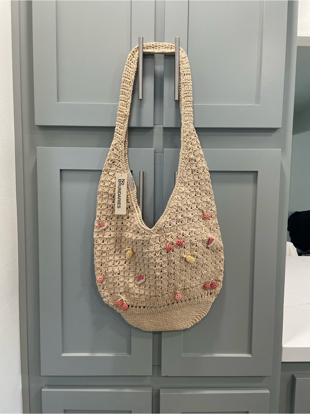 No Boundaries Crochet Shoulder Bag in Beige with Pink & Yellow Embroidery